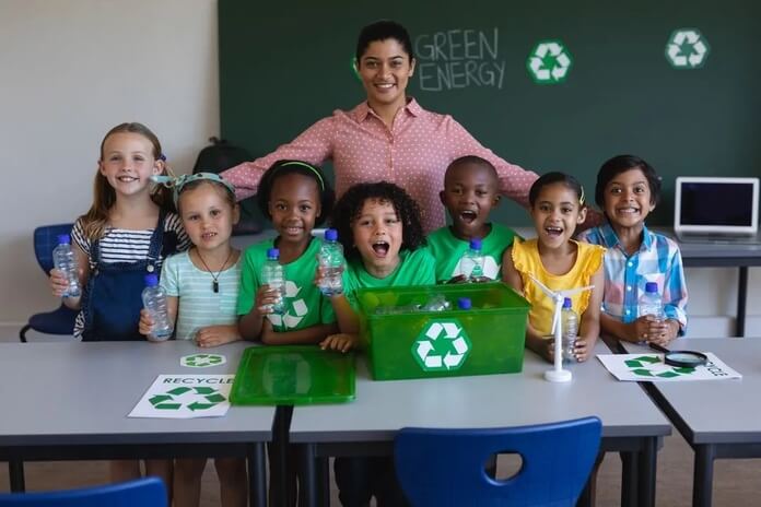 teacher leading an environmental lesson in a classroom